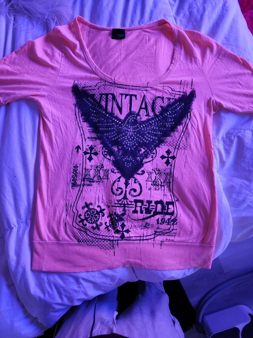 Daytrip Neon Pink Short Sleeve Tee with Black Sequin Eagle